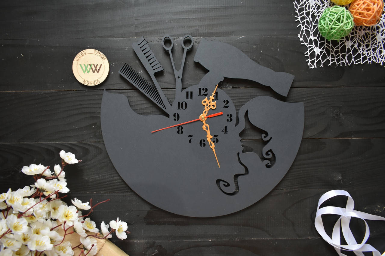 

Настенные часы из дерева для парикмахера, часы в парикмахерскую, в салон красоты (можно сделать с названием)