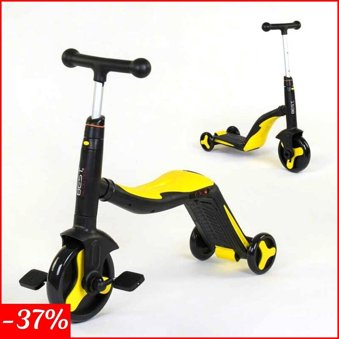 

Самокат трансформер 3в1 Best Scooter, самокат-велосипед-беговел, Желтый, свето-музыка, 8 мелодий, колёса PU