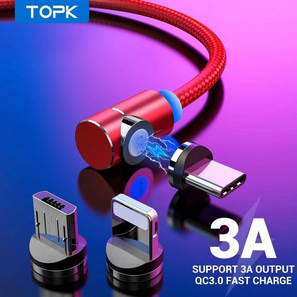 

Магнитный кабель TOPK угловой 1м Quick Charge 3.0 с передачей данных