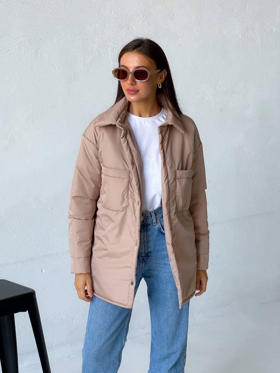 

Женская демисезонная бежевая куртка-рубашка оверсайз, Бежевый