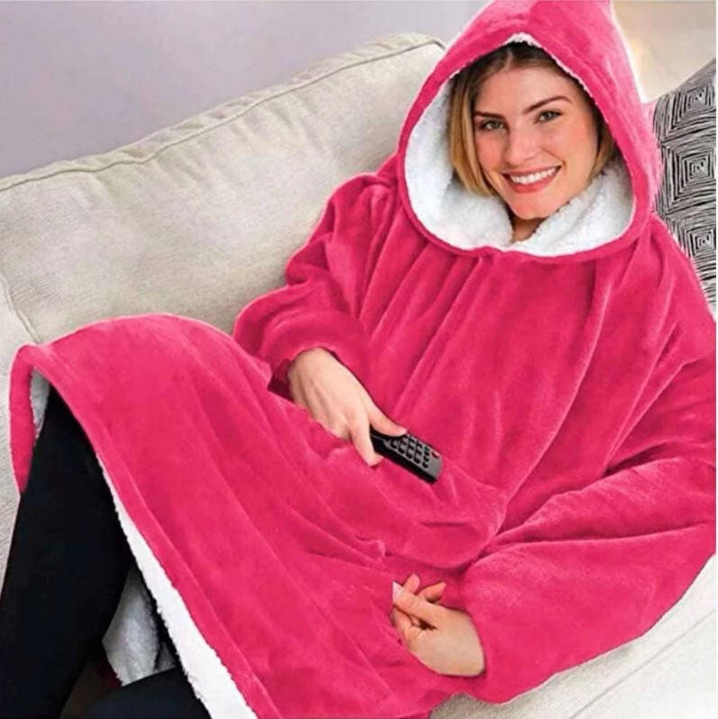 

Плед толстовка двухсторонняя Huggle Hoodie халат с капюшоном и рукавами унисекс малиновый