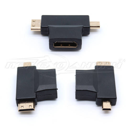 

Переходник HDMI (F) to micro HDMI (M) + mini HDMI (M), Черный