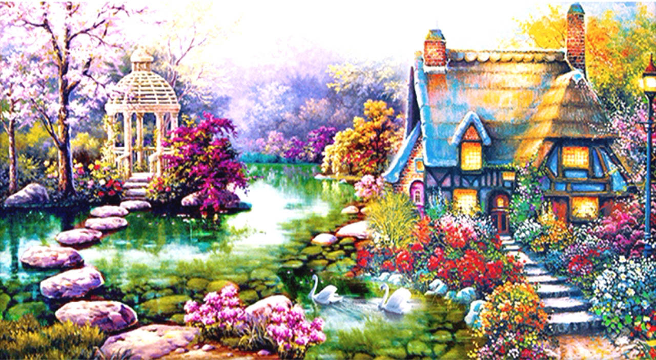 

Картина для рисования круглыми камнями Беседка на воде см 62*28 см Diamond painting Алмазная вышивка алмазами