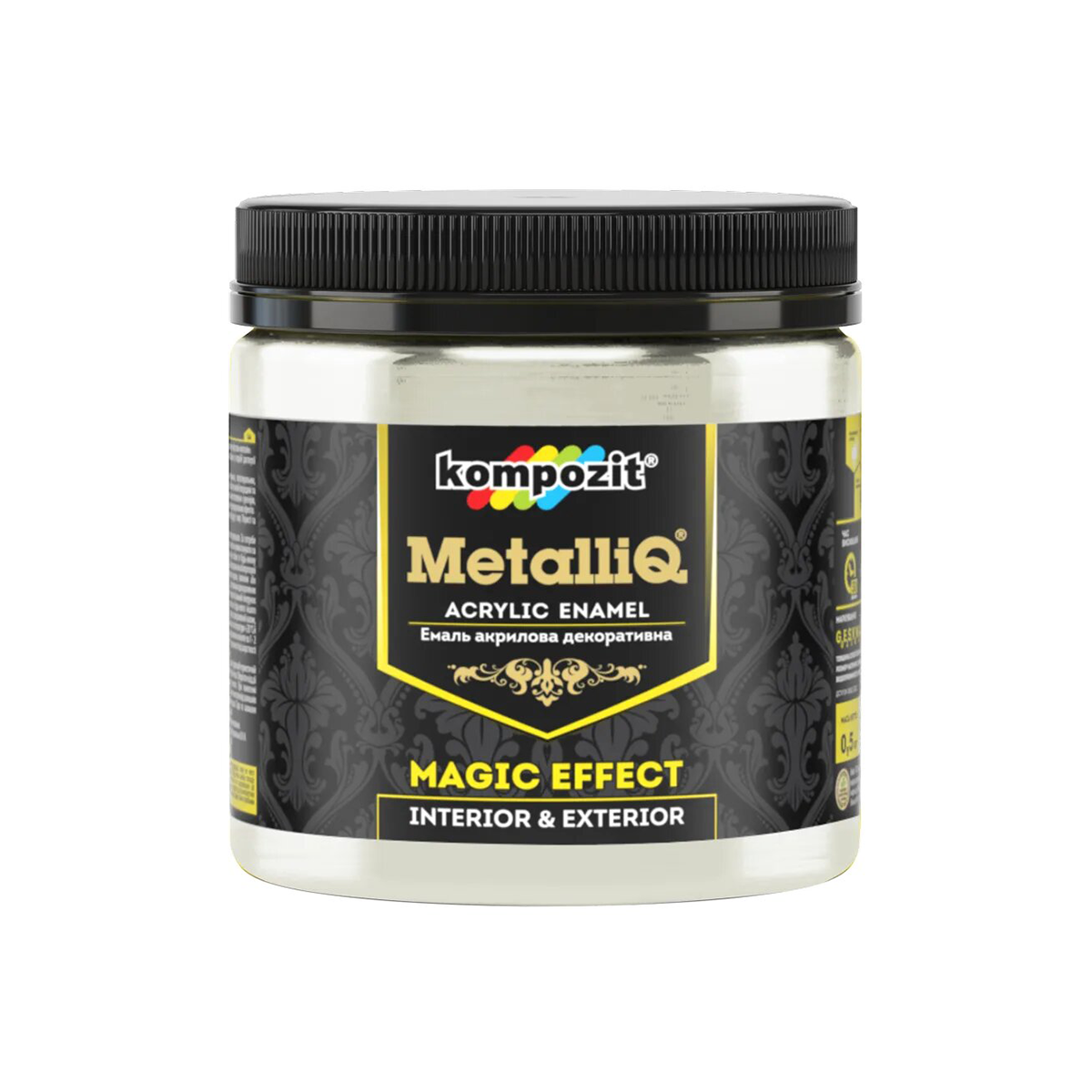 

Декоративная акриловая эмаль Kompozit Metalliq черный жемчуг 0.5кг