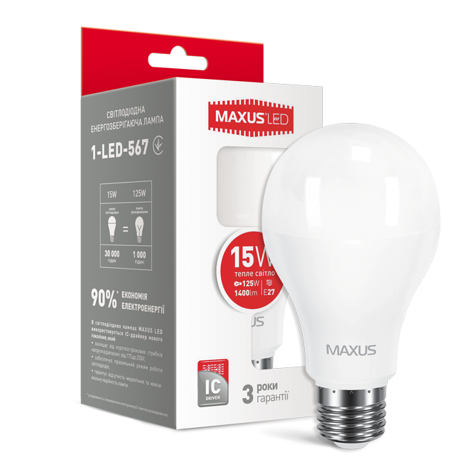 

Лампа светодиодная MAXUS LED A 70 15w 3000K E27 1-LED-567