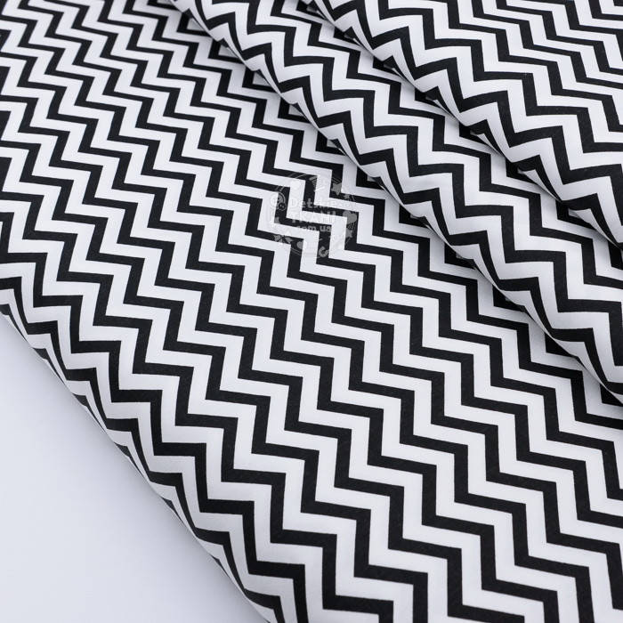 

Сатин ткань "Густой средний чёрный зигзаг" на белом, №2306с, Черный