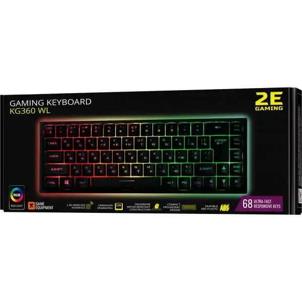 

Клавиатура 2E KG360 Black (RGB 68key Wireless беспроводная), Черный