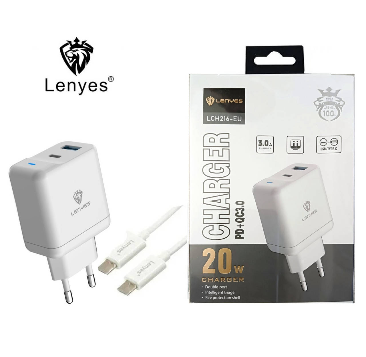 

Адаптер быстрая зарядка до 3А Lenyes LCH216 + кабель Type-c на Type-c, Белый