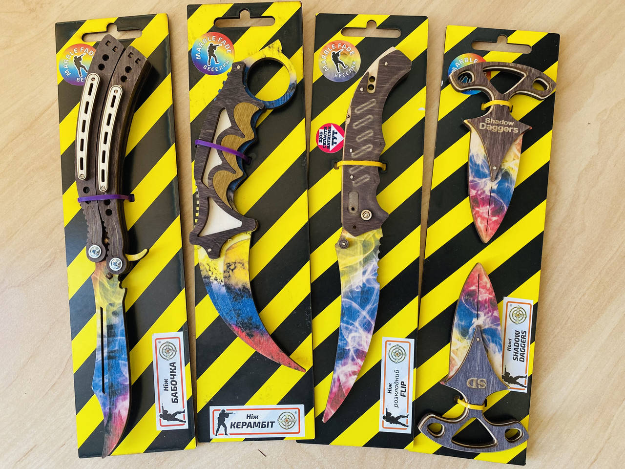 

Набор деревянных ножей из игры CS:GO КС:ГО керамбит + бабочка + тычки + flip цвет градиент, Разные цвета