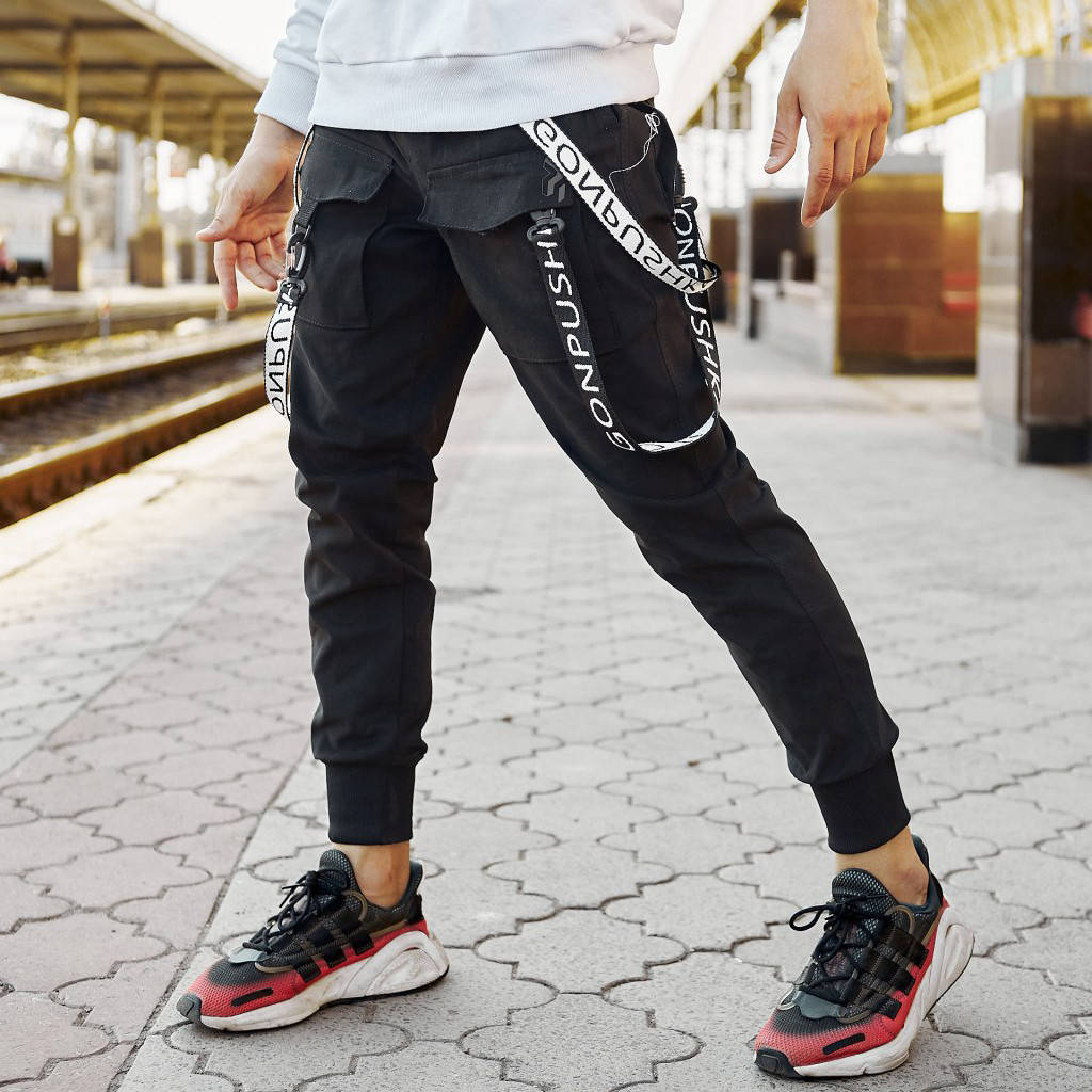 

Мужские штаны брюки карго Огонь Пушка SCARSTROPE черные с белыми стропами и карманами XS, S, M, L, XL, XXL