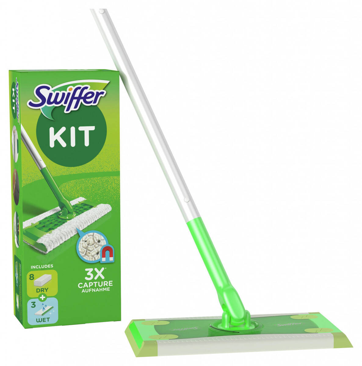 

Швабра + 11 салфеток Swiffer Kit, набор для уборки пола 8 сухих и 3 мокрых салфетки