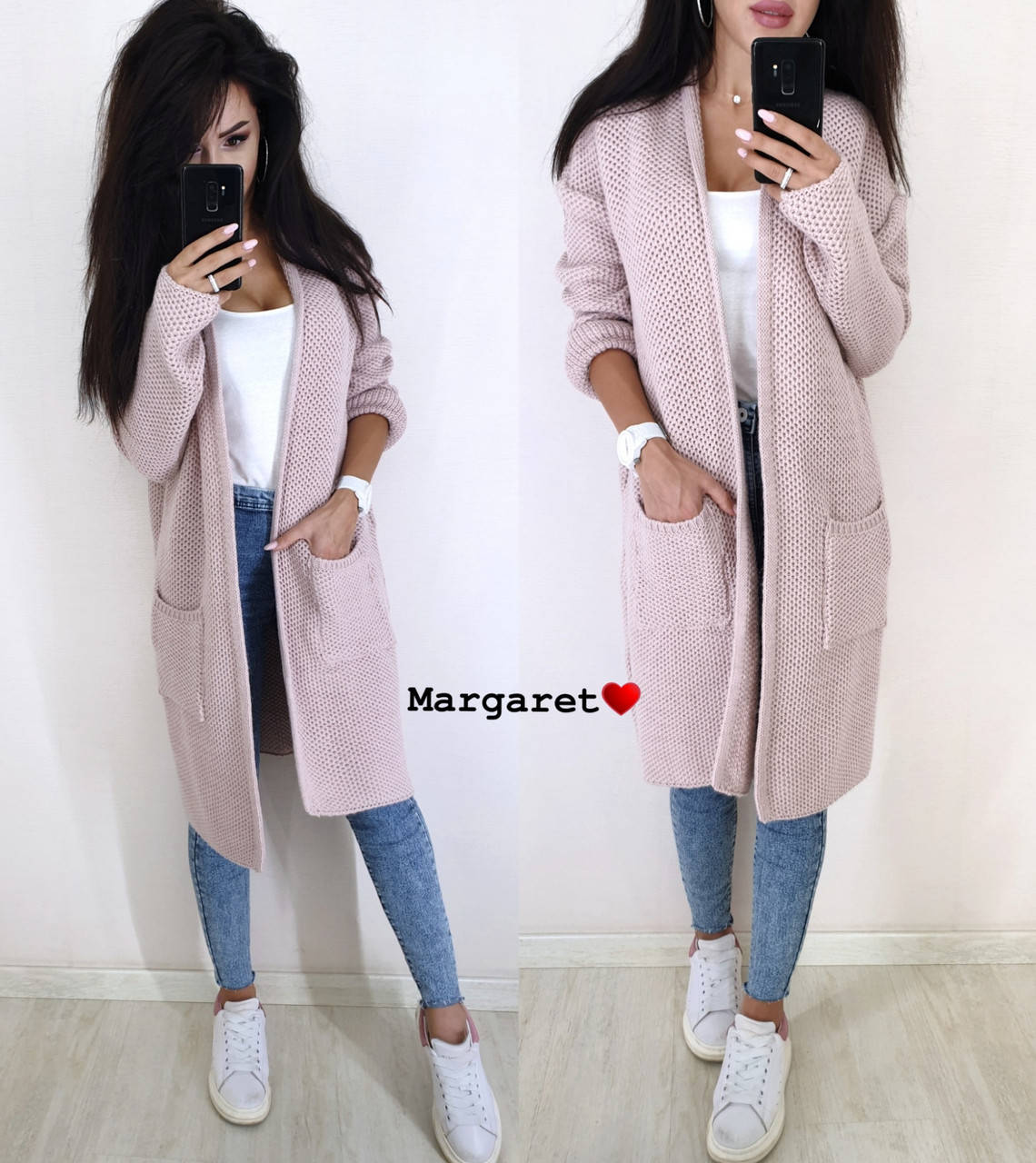 

Женский вязаный кардиган с шерстью с карманами и без застежки (соты) 9KA207, Пудра