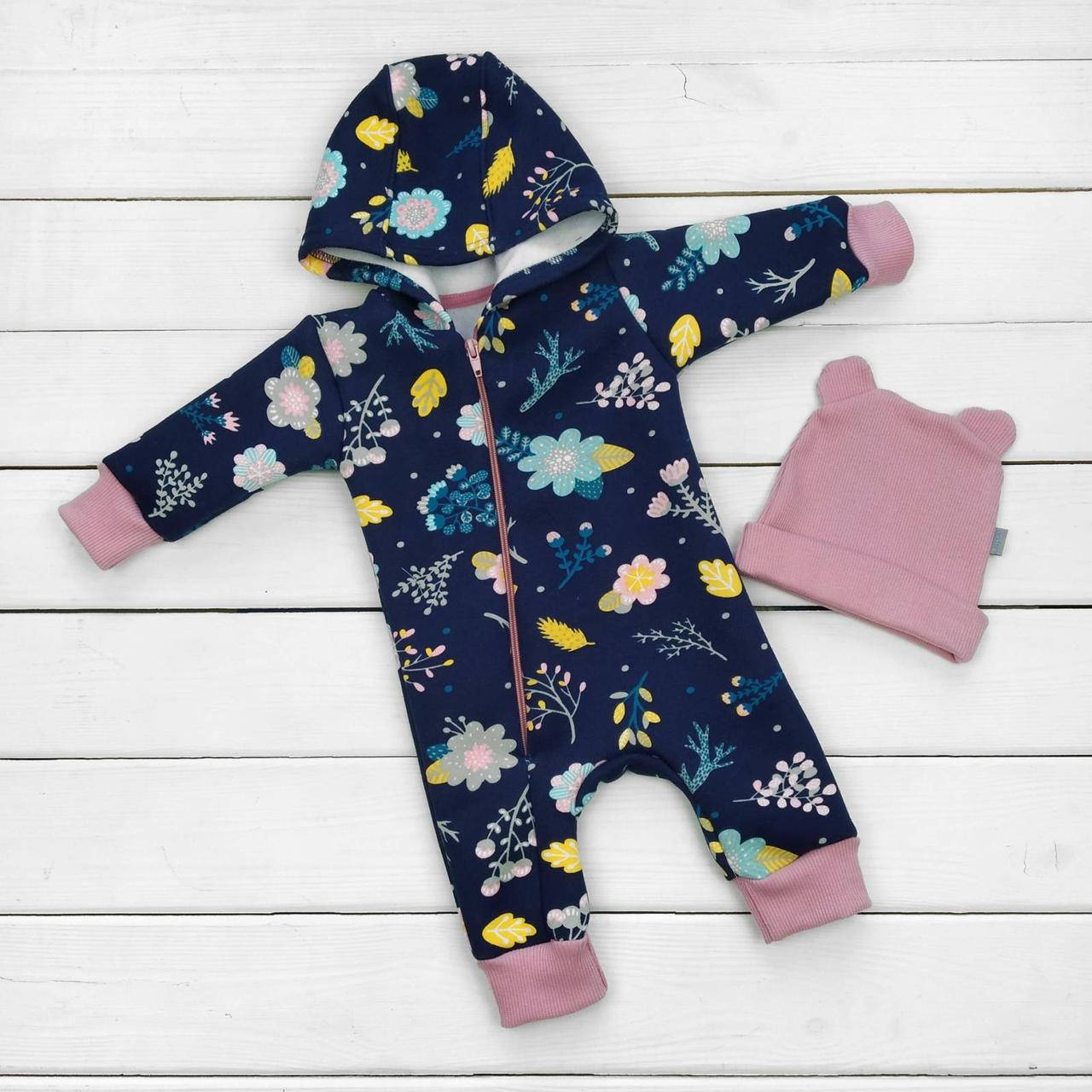 

Теплый человечек с капюшоном детский трехнитка на флисе Цветы, Синий