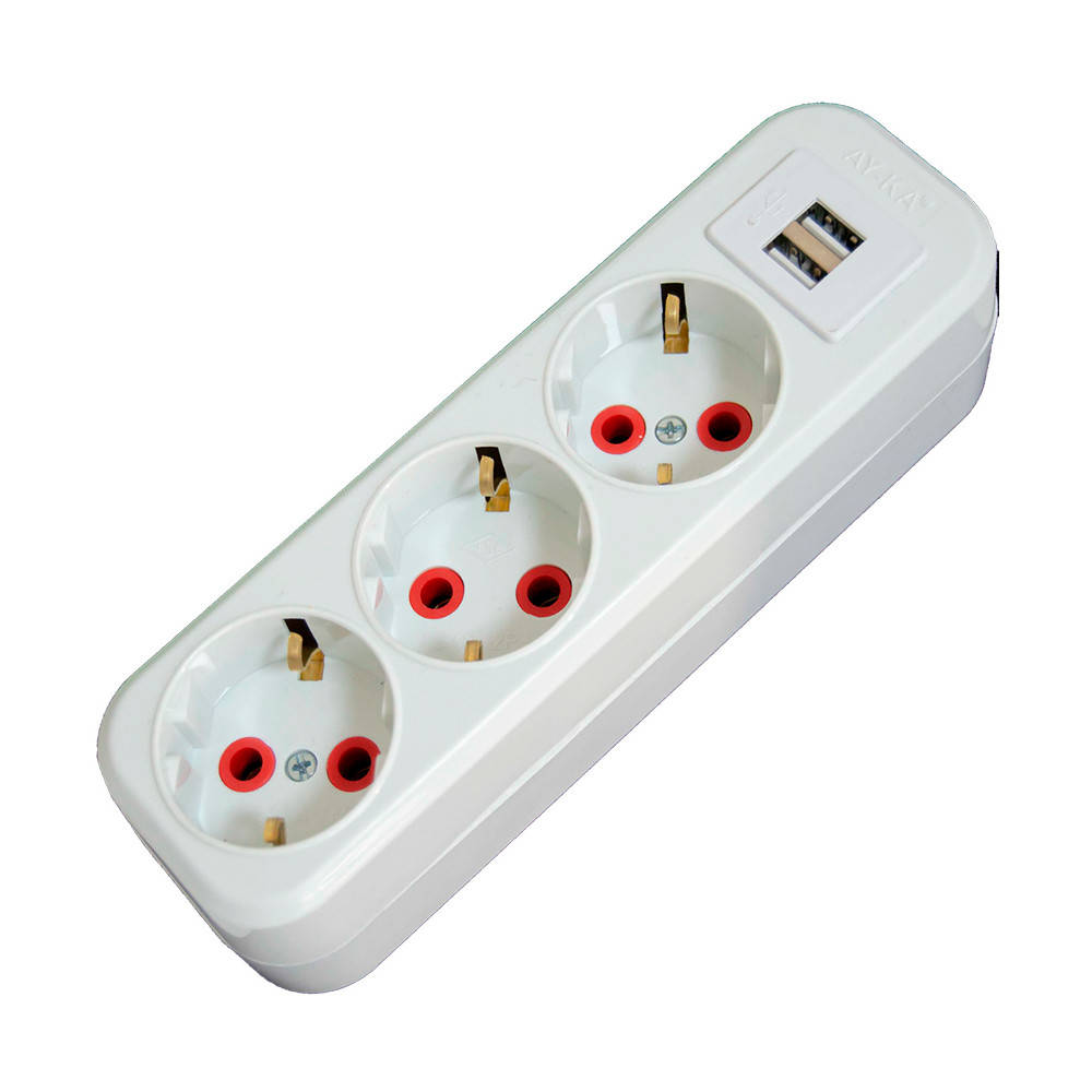 

Колодка с заземлением, 3 гнезда, 16А, 2 USB, 2,1А, 5V, белая, AY-KA