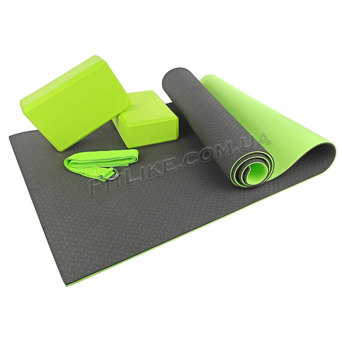 

Коврик для йоги и фитнеса - Набор "YoGa Set Pro"(спортивный каремат для йоги TPE, йога пропсы 2 шт, ремень) Черный-салатовый