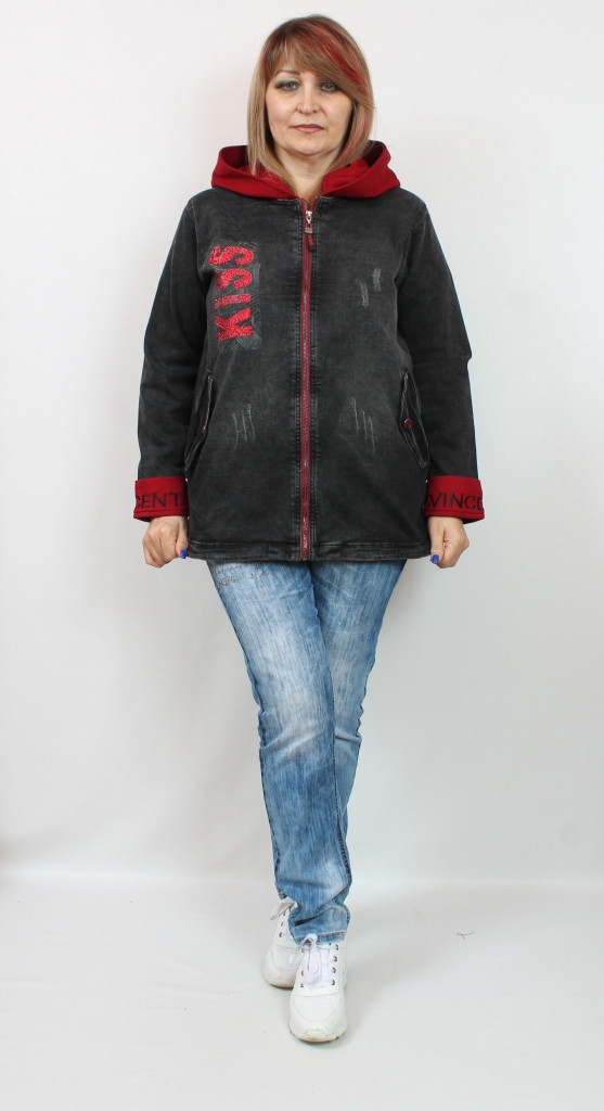 Турецька жіноча коротка джинсова куртка з капюшоном, розміри 50-58