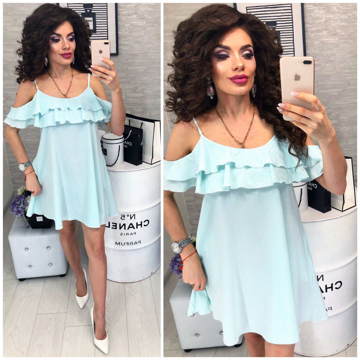 Плаття коротке, у смужку, літнє з воланом, модель 102, колір світла м'ята, фото 1