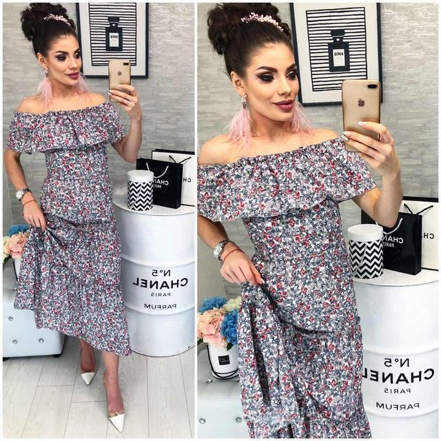 Плаття, довге з воланом, модель 101, червоний квітковий принт 