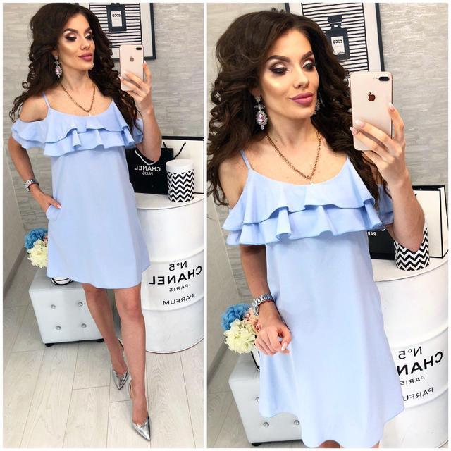 Плаття коротке, літнє з воланом, модель 102, Блакитний, фото 1