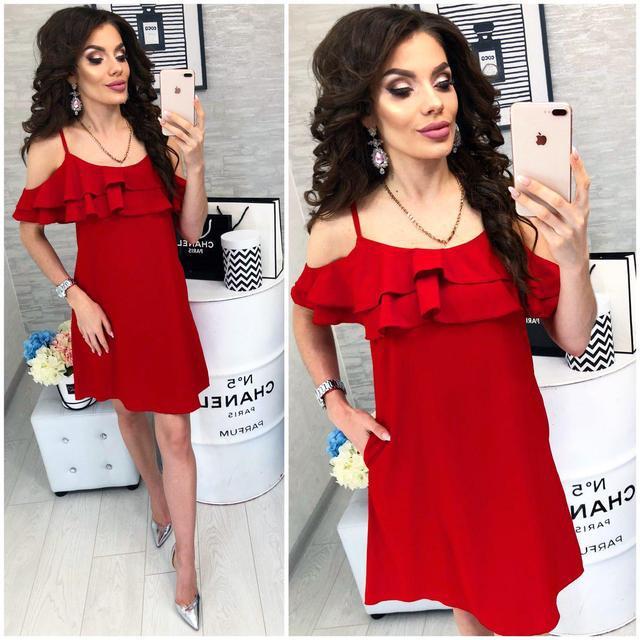 Плаття коротке, літнє з воланом, модель 102, Червоний, фото 1