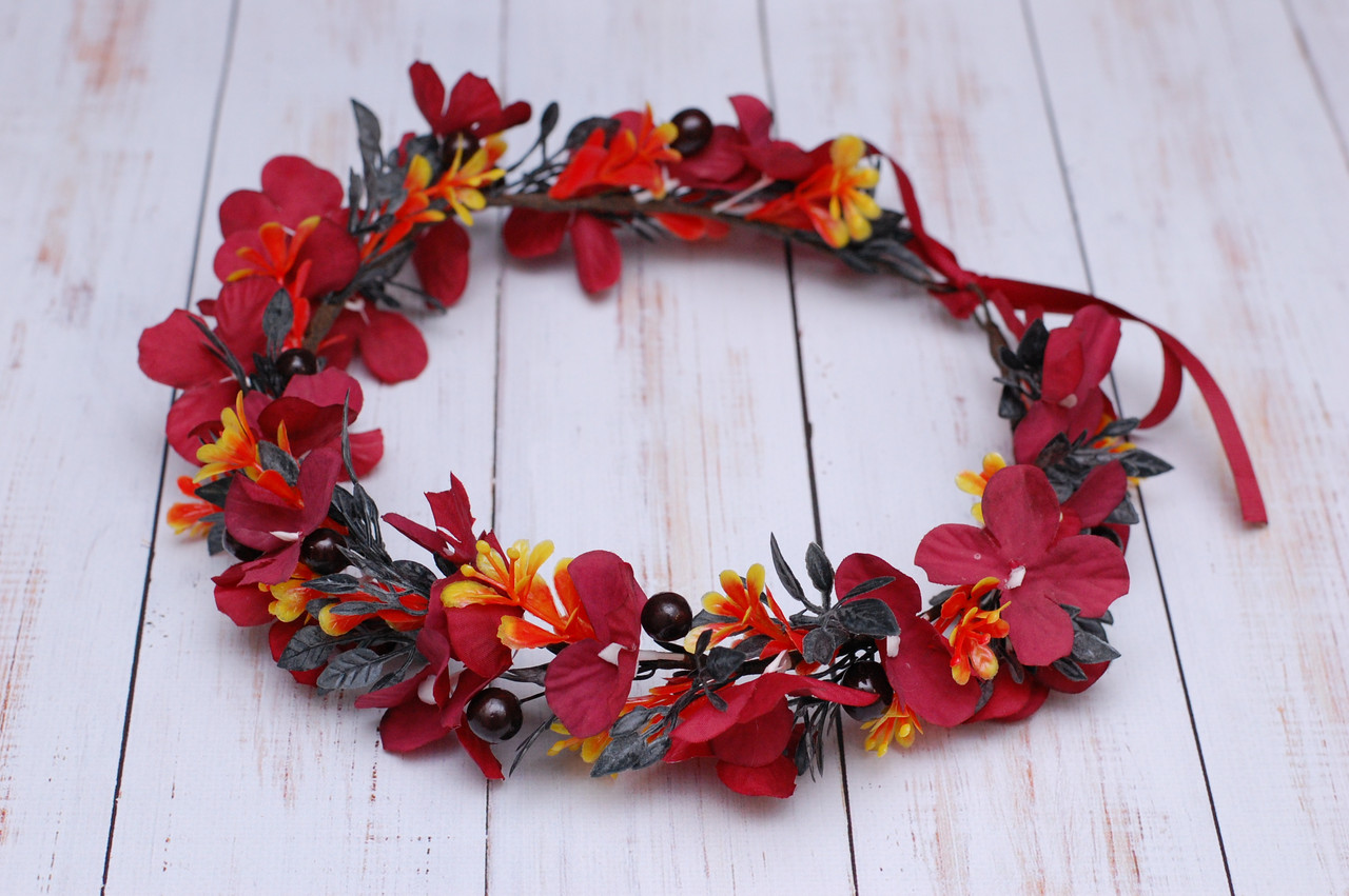 Віночок для волосся / вінок на голову осінній в осінніх бордових тонах 222 об, фото 1