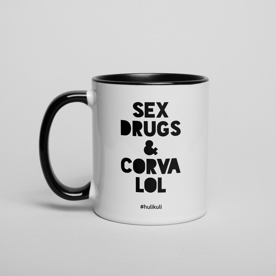 Чашка подарункова керамічна з написом "Sex Drugs & Corvalol", 330 мл. Чорно-біла