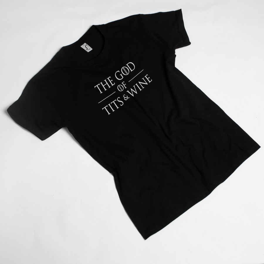 👕 Футболка з написом з Гри Престолів GoT "God of tits and wine" чорна чоловіча