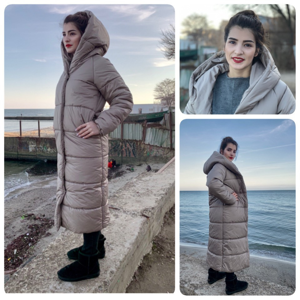 Пальто пуховик ковдра зима OVERSIZE з капюшоном арт. 521 димчасто-сірий беж