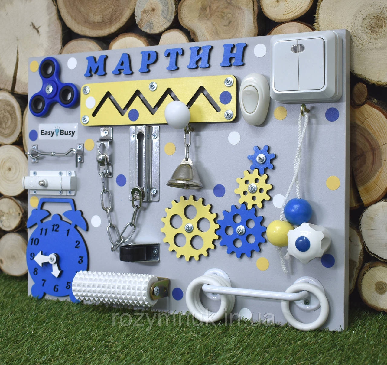 Бізіборд дитячий, дерев'яні бізіборди, дитячі іграшки розвиваюча дошка "Компакт" 30х40 бізіборд жовто-синій, фото 1