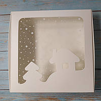 Коробка для пряников (150*150*30 мм.) с окном Ель, Дом и Снег