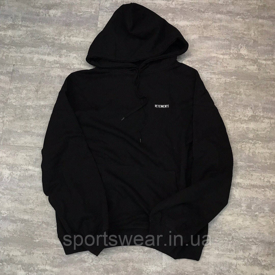 Толстовка Vetements Logo чорна чоловіча жіноча Кенгуру Кофта з капюшоном з логотипом Ветмо трикотажна Коттон