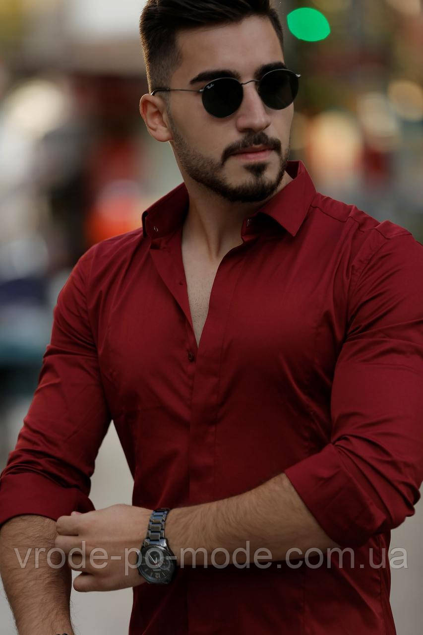 Бордова однотонна чоловіча сорочка приталена слім фіт Slim Fit з довгим рукавом, з Туреччини, новинка 2025 року