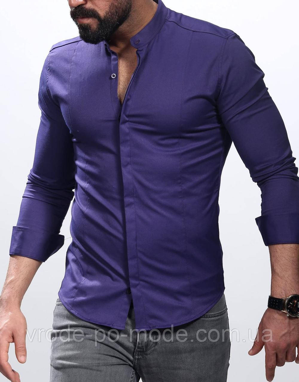 Бузкова чоловіча сорочка приталена на ґудзиках, комір-стійка, стильна з довгим рукавом, бавовняна гарної якості