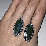 Красиві нефритові сережки, сережки з нефритом. Ніжні сережки нефрит у формі маркіз в сріблі Індія, фото 2