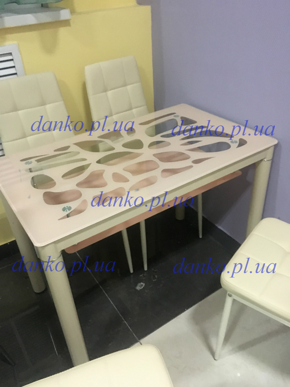 Скляний стіл Т-300-2 кремовий з візерунком та поличкою Vetro Mebel 100*60*76 (H)