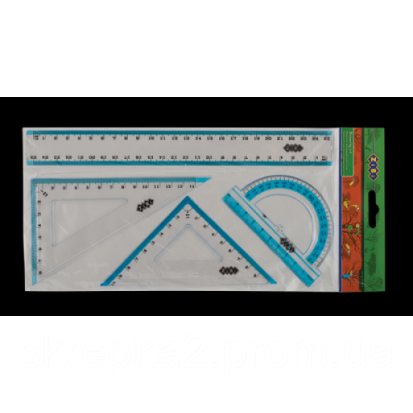 Комплект:лінійка 25см, 2трикутники, транспортир, з блакитними смужками