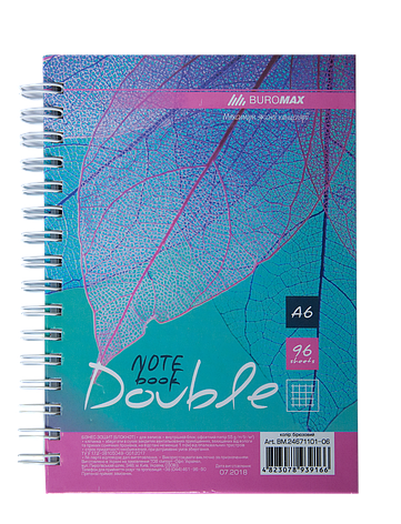 Записна книга DOUBLE А6, на пружині, 96арк., клітинка, тверда ламінована обкладинка, бірюзовий, фото 2