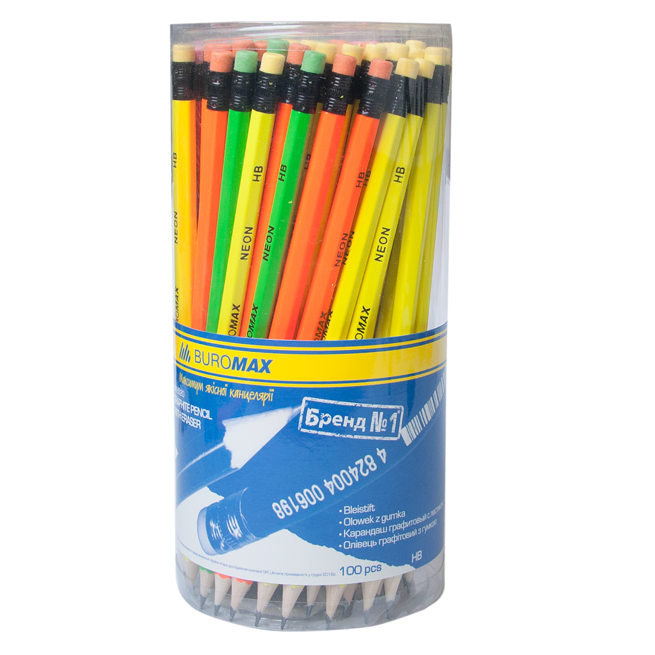 Олівець графітний, НВ, асорті неон, з гумкою, блістер