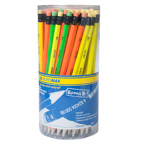 Олівець графітний, НВ, асорті неон, з гумкою, блістер, фото 1