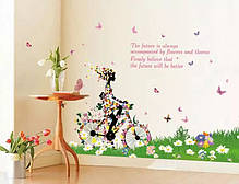 Наклейки в салон краси "дівчина на велосипеді в квітковому платті з квітами та метеликами" 80*140(60*90см лист), фото 3