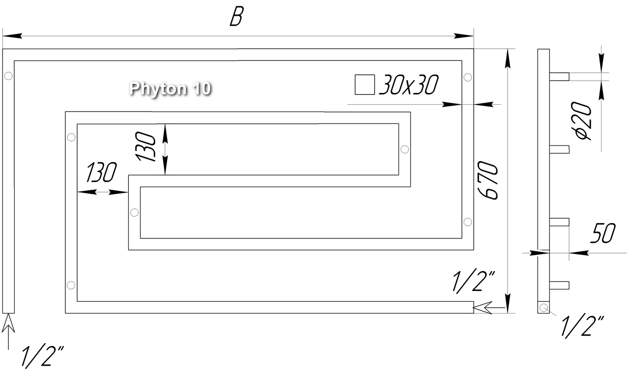 Большой проточный, дизайнерский полотенцесушитель Phyton 10 /670х1100, из квадратной н/ж стали 30х30 - фото 5 - id-p17384409