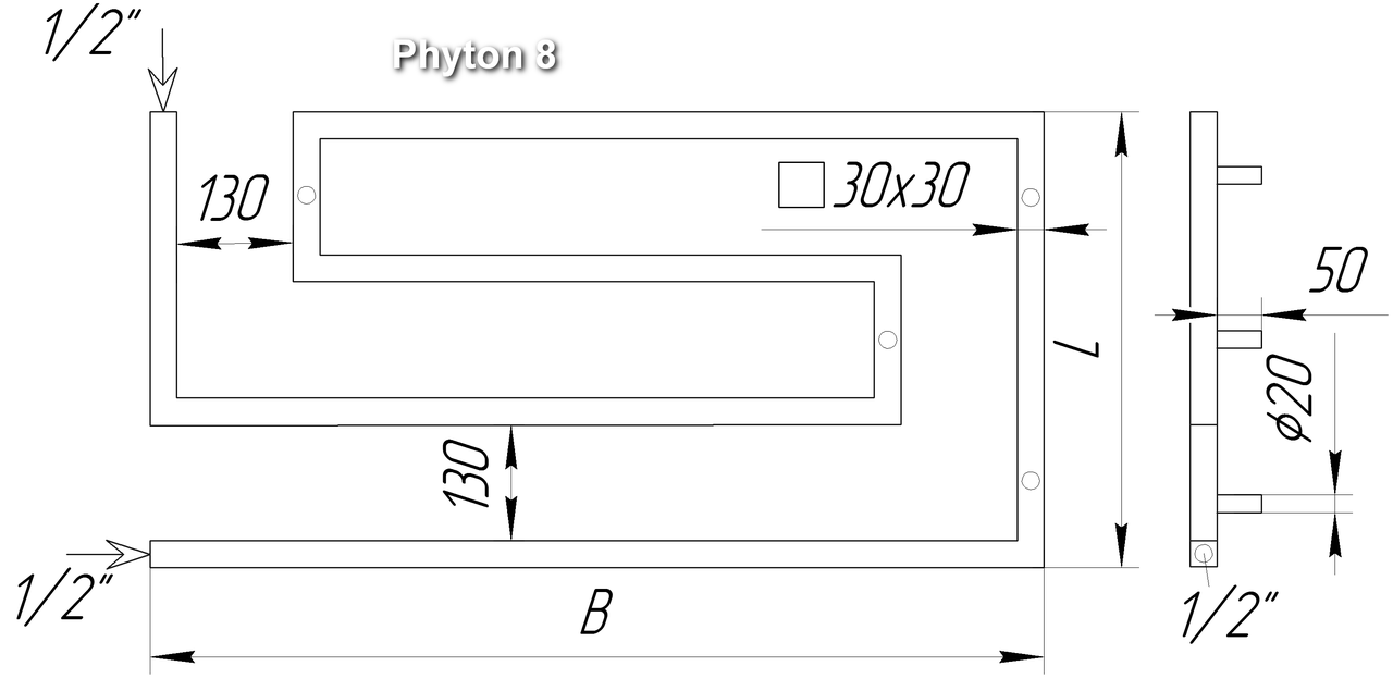 Полотенцесушитель дизайнерский Phyton 8/ 510х1100 мм (широкий) - каркас из нержавеющей стали 30х30. - фото 3 - id-p19538828