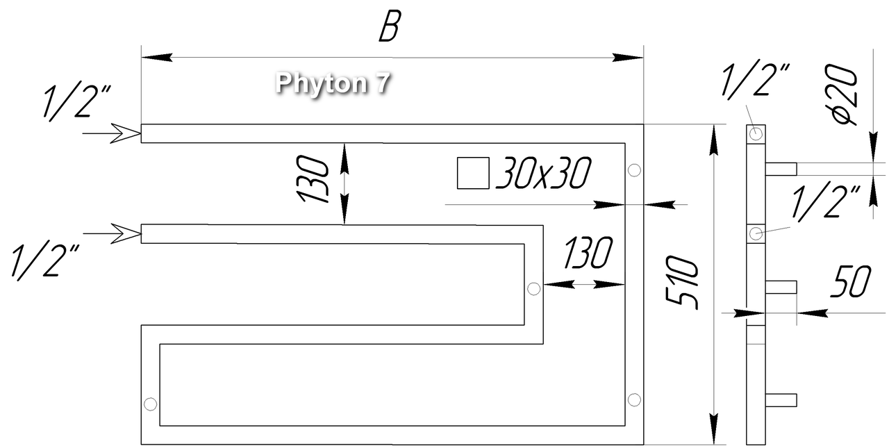 Дизайнерский полотенцесушитель Phyton 7 / 510х800 из квадратной трубы 30х30. Нерж. сталь. Проточный - фото 6 - id-p5123936