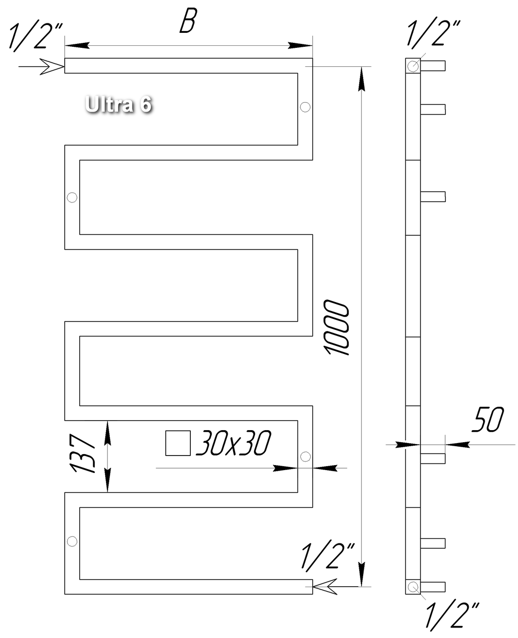 Дизайнерский полотенцесушитель - радиатор Ultra 6 из нержавеющей стали /1000х500. Труба 30х30 - фото 5 - id-p3036761