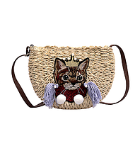 Плетеная сумочка на плечо с котиком светлая
