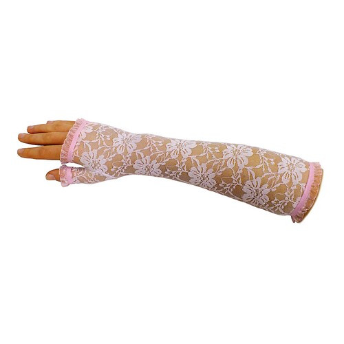 Розовые гипюровые перчатки (митенки) "Розочки" длинные без пальцев. - фото 1 - id-p209151786