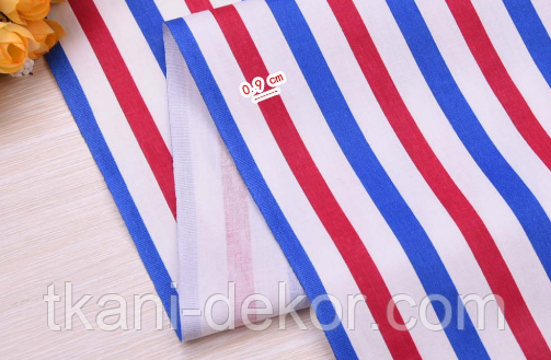 Сатин (бавовняна тканина) смужка червона та синя, фото 1