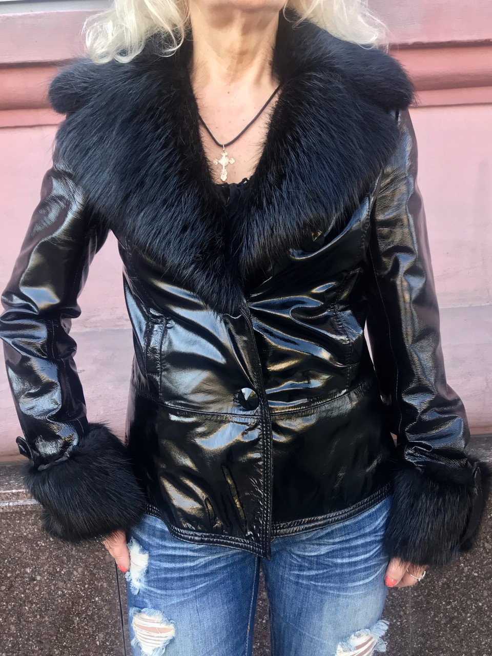 Женская куртка кожаная лаковая натуральная на подстежке с мехами - фото 3 - id-p1052870678