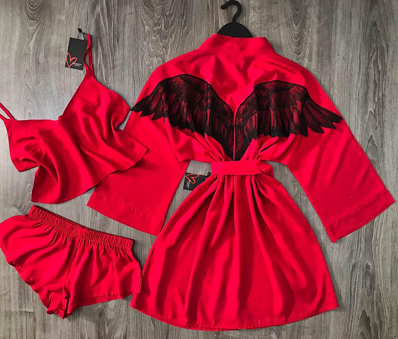 Червоний бавовняний комплект халат+ піжама