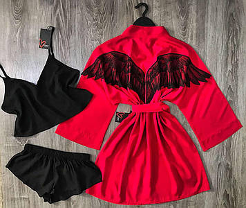 Червоний халат+ чорна піжама Домашня одяг жіноча